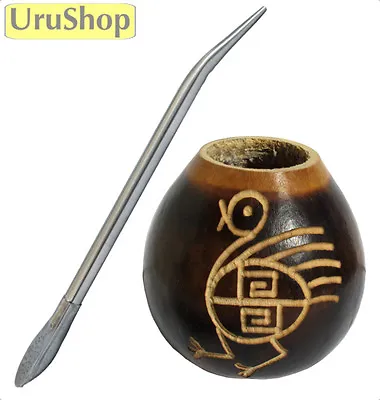 K28 Carved Mate Gourd & Bombilla Set (cup And Straw) Yerba Mate - Dancing Bird • $20.36