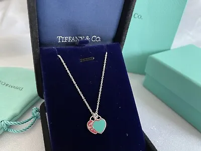 Tiffany & Co. Return To Double Heart Blue Enamel Necklace 16  Silver 925 • $233.61