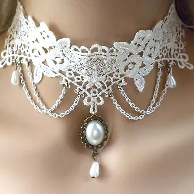 Vintage WHITE LACE Choker/necklace Retro-Goth Wedding Dress Party • $13.17
