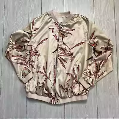 A Glow Maternity Women's Tan Satin Floral Print Bomber Jacket Size Large • $12.75