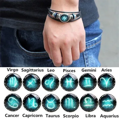 12 Constellation Hand Woven Braided Leather Retro Zodiac Sign Charms Bracel ZT • £3.01