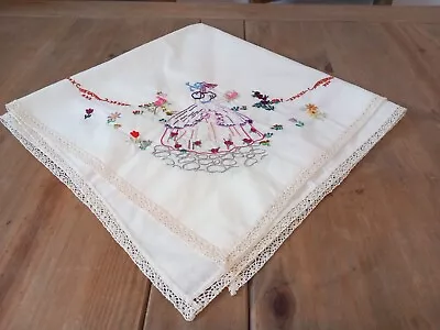 Pretty Hand Embroidered Crinoline Lady Tablecloth  Lace Edging 33  Square • £9