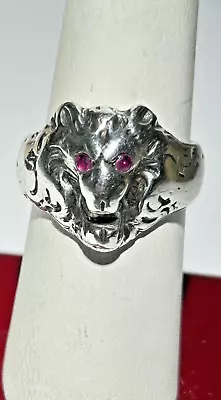 Vintage Sterling Silver Ruby Eyes Lion Ring Size 8 • $16.50