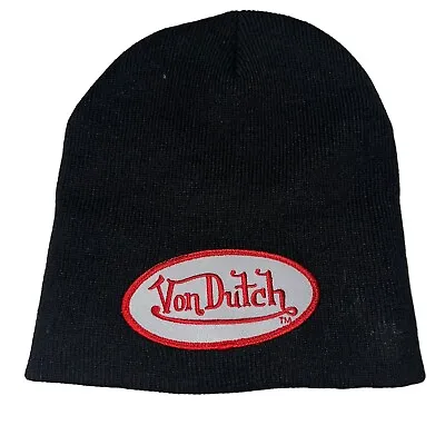 Vintage 90s Von Dutch Black & Red Patch Embroidered Logo Beanie Knit Cap OSFA • $47.39