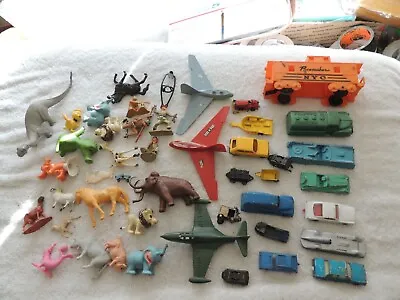 Vtg Lot Of Toy Dinosaurs Army Men Jets Train Matchbox Midget Racing Cars Misc.  • $21.99