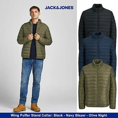 Jack & Jones Men's Quilted Puffer Jacket Crewneck Padded Black Olive Or Navy • £20.99