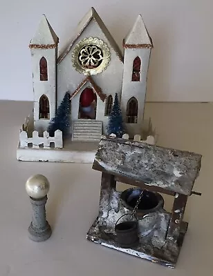 Vintage Putz Church Fence Well Gazing Ball Christmas Miniature Train Village • $31.25