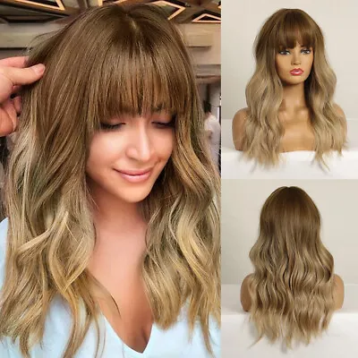 Long Wavy Dark Brown To Honey Blonde Wigs With Bang Women Daily Hair Fanshion US • $17.09