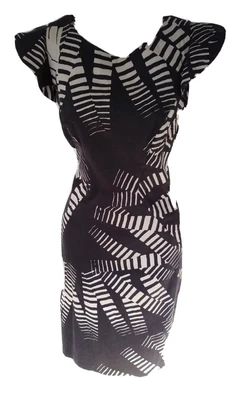 $15.90 • Buy Ladies OJAY Black White Print Dress Flare Sleeves Size 12 (suit 10-12)