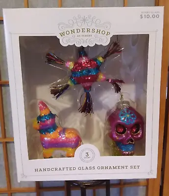 WONDERSHOP HANDCRAFTED GLASS ORNAMENT 3-Piece SET Sugar Skull Pinata & Star • $12.99