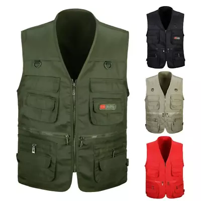 Men's Vest Casual  Waistcoat Multi-pocket Outdoors Fishing Zipper Travel Vest • $18.99