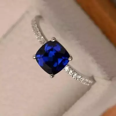 2.5Ct Cushion Lab Created Sapphire Diamond Engagement Ring 14k White Gold Plated • $76.99