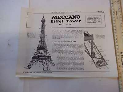 Meccano No.10 Set  Leaflet - The Eiffel Tower Instructions Leaflet - Good Cond. • £5.99