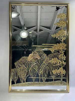 Vtg. Wall Etched Gold Mirror With Eglomise Arboreal Landscape • $341.50