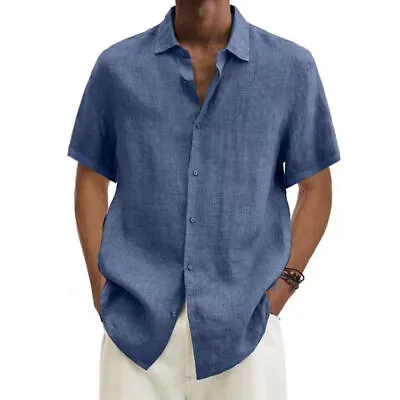 Men Linen Style Short Sleeve Shirts Beach Casual Button Down Formal Dress Shirt • $15.99
