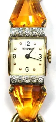 Retro Movado Diamond Citrine Platinum And 14K Gold Orange Watch - Beautiful! • $1325.25