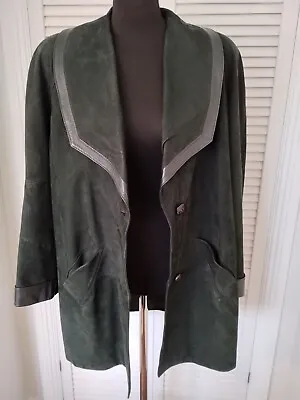 Vintage 80s Green Leather Suede  Jacket Blazer Shoulder Pads Glamour Women's 14  • £11.99