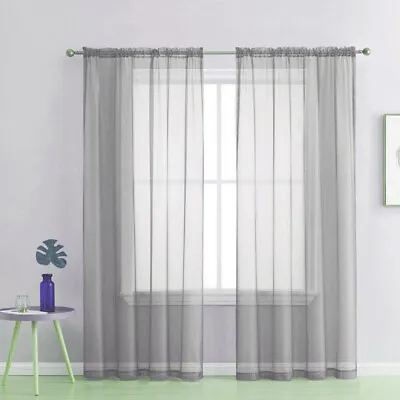 Pair (2 Panels) Voile Curtains Net Slot Top Gray Sheer Door Window Curtain NEW • £6.98