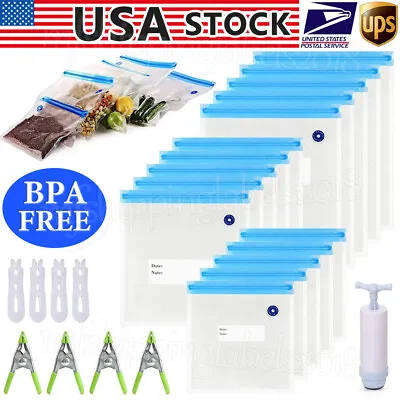 Reusable Vacuum Bags Food Storage Zipper Seal Saver BPA Free Hand Pump Sealer US • $13.92