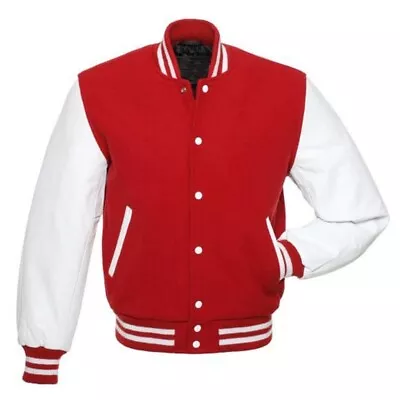 Mens Varsity Baseball Letterman Jacket Leather Sleeves Vintage Varsity Coat • $78.99