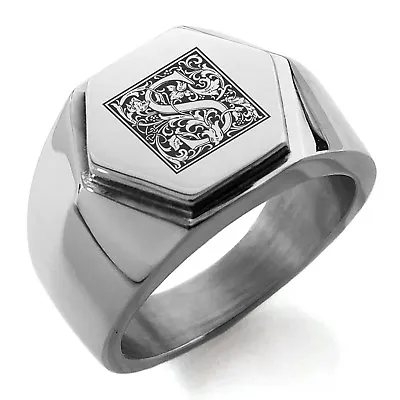 Stainless Steel Floral Box Monogram Letter S Mens Hexagon Crest Signet Ring • $15