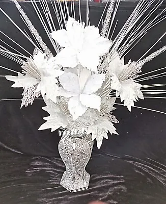 Silver Bling Mosaic Romany Mirror 30cm Vase With 6 Flowers And Silver Spray • £32.99