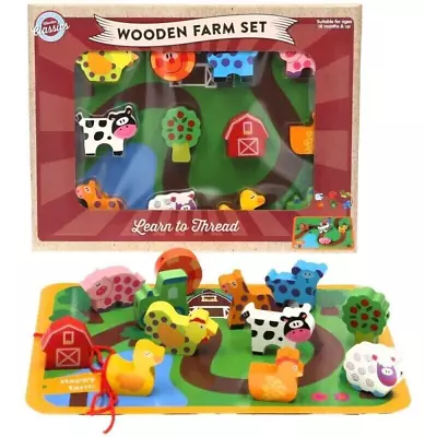 Wooden Farm Animals Play Set Learn To Thread Shapes Baby Toddler 18mth • £9.40