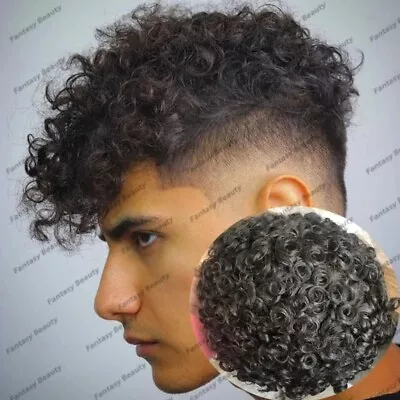 Breathable Fine Mono PU Base Men Toupee Human Hair System 18mm Curly Man Wigs • $129