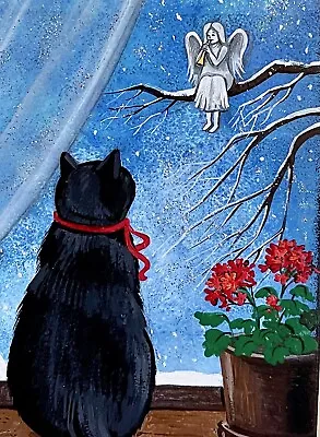 ACEO PRINT OF PAINTING RYTA CHRISTMAS BLACK CAT Angel Music Folk Art Moon Flower • $7.49