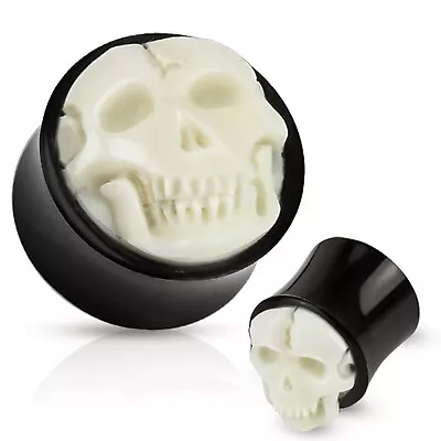 PAIR-Horn W/Carved Bone Skull Saddle Flare Ear Plugs 10mm/00 Gauge Body Jewel • $12.99