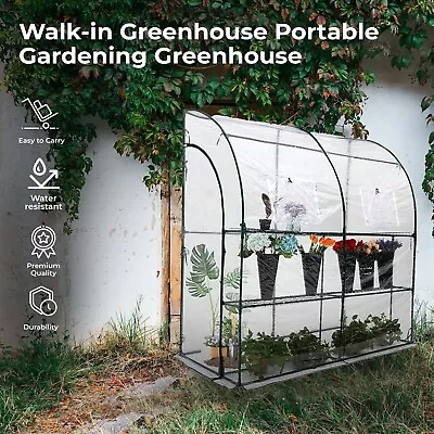 Walk-In Lean To Wall Greenhouse With Roll Up Windows And Door PE Cover White • £42.99