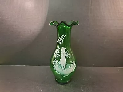 11  Green Vintage Hand Painted Mary Gregory Vase W Scalloped Edges • $70