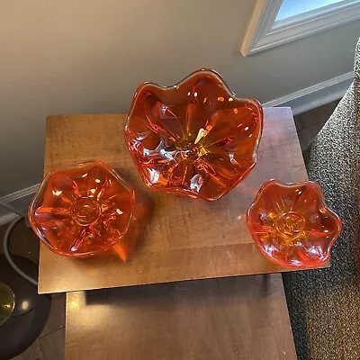 VIKING Glass Epic Six-Petal Persimmon Amberina Pedestal Compote & Candle Holders • $59.99