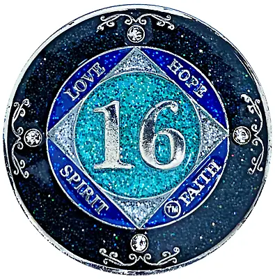 NA 16 Year Glitter & Crystals Medallion Narcotics Anonymous Blue Glitter Coin • $27.99