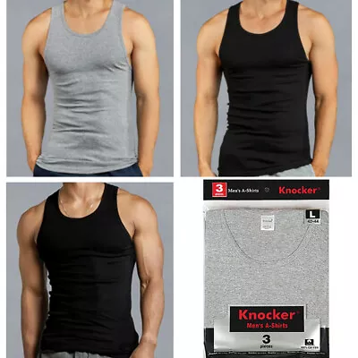 3 X Mens Tank Tops 100% Cotton A-Shirt Ribbed Pack Undershirt Black Gray Large • $10.95