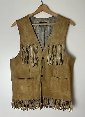 Vintage 70s Joo Kay Western Leather Suede Vest Pioneer Fringe Mens Sz 40/ M • $49.80