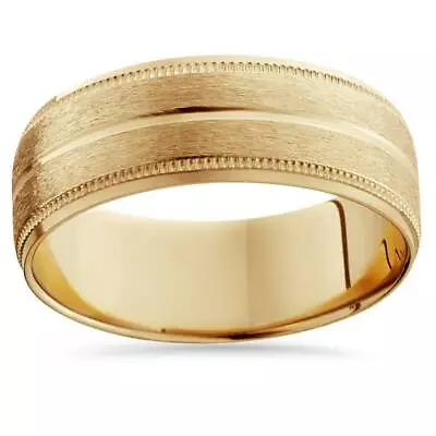 9mm 14K Yellow Gold Mens Brushed Double Line Mens Wedding Band 9mm Ring • $726.18