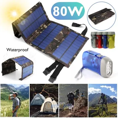 $12.99 • Buy 80W USB Solar Panel Kit Folding Power Bank Camping Hiking Phone Charger W/ Torch