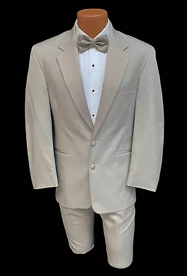 Men's Perry Ellis Champagne Tan Tuxedo With Pants Satin Notch Lapels 38R 32W • $39.99