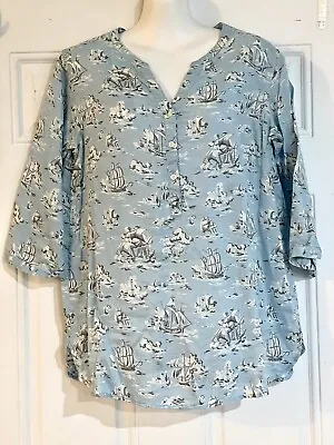 Cabbages & Roses Womens  Linen Top Blouse Shirt Ship Print Blue Cream • $29.95