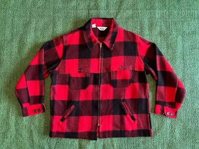 Vintage 70s Woolrich Mackinaw Wool Buffalo Red Black Plaid Jacket Coat Size XL • $78