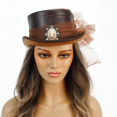Brown Steampunk Hat Victorian Tea Party Tall Hat Venetian Hat With Veil • $32.95
