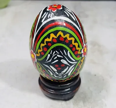 Wooden Folk Art Hand Painted Egg 2.5  Black Red Floral No Stand • $10.11