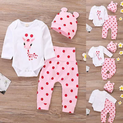 3PCS Newborn Baby Girls Polka Dot Romper Tops + Pants + Hat Clothes Outfits Set • £7.69