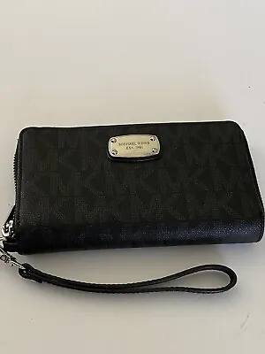 Authentic Michael Kors Wallet MK Signature Black Leather Zip Around Wristlet • $89