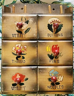Vintage Wood Caddy Sewing Notions Stand Wall Mount Flower Drawer Thread Buttons • $14.95