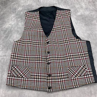 Unbranded Suit Vest Men 40 Black Red Gold Houndstooth Plaid Poly Knit 70s VTG • $27.97