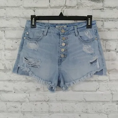 Refuge Shorts Women 4 Blue High Waisted  Distressed Frayed Button Fly Light Wash • $20