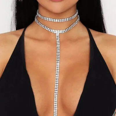 Glamorous Rhinestone Decor Silver Double Layered Y Shaped Lariat Necklace Choker • $14.99