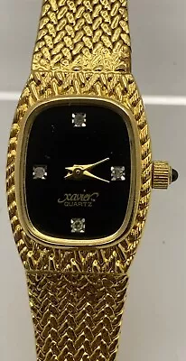 Ladies XAVIER Diamond & Gold Tone Tank Wristwatch W Quartz Movement WORKING • $40
